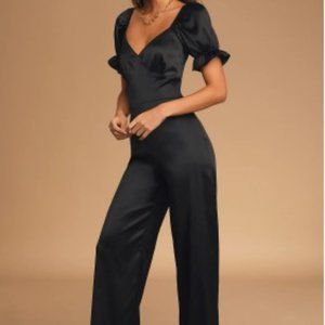 Black Satin Puff Sleeve Wide-Leg Jumpsuit